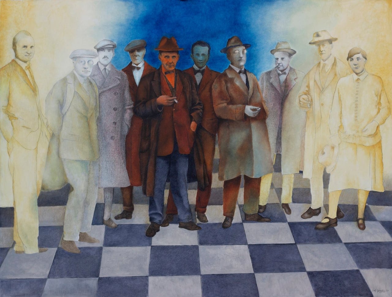 Walter Gropius e i maestri del Bauhaus by Amedeo Del Giudice, Mixed media on canvas, 2025