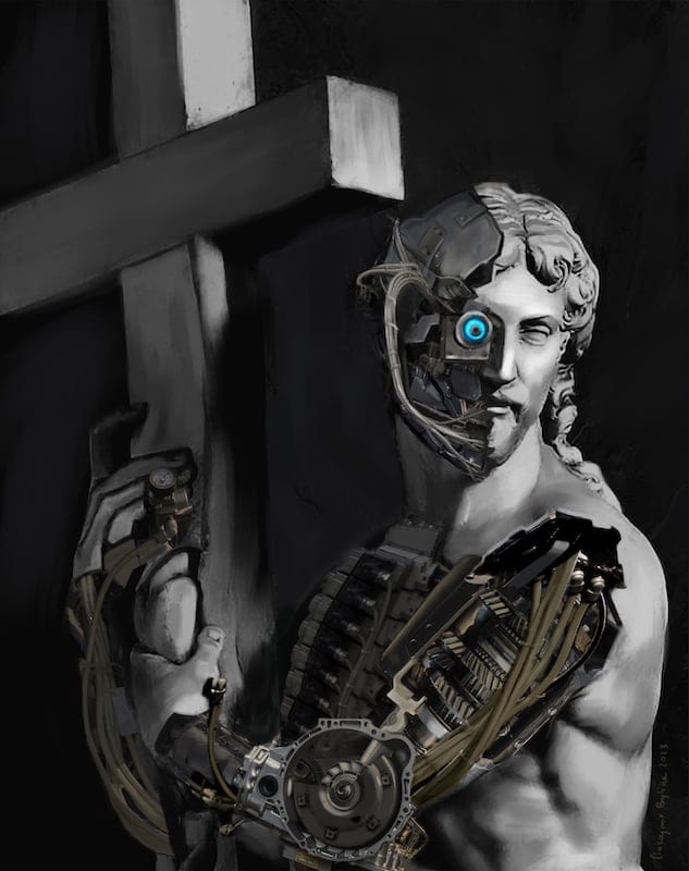 Proxima B: The Church of Cybernetic Christ by Cieszymir Bylina, Digital painting printed on canvas