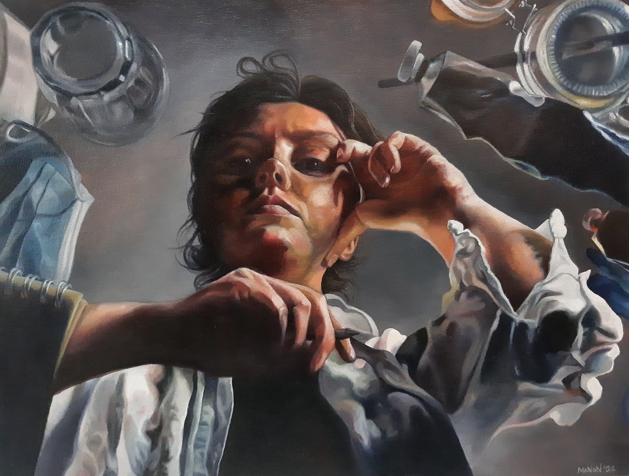 A study (self-portrait) by Manon West, Oil on board, 2024