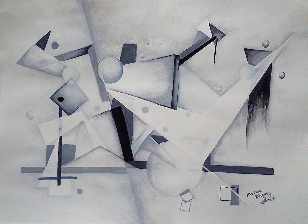 3D Monochromatic Shapes by Marwa Khamis, Water colour and Gouache on paper