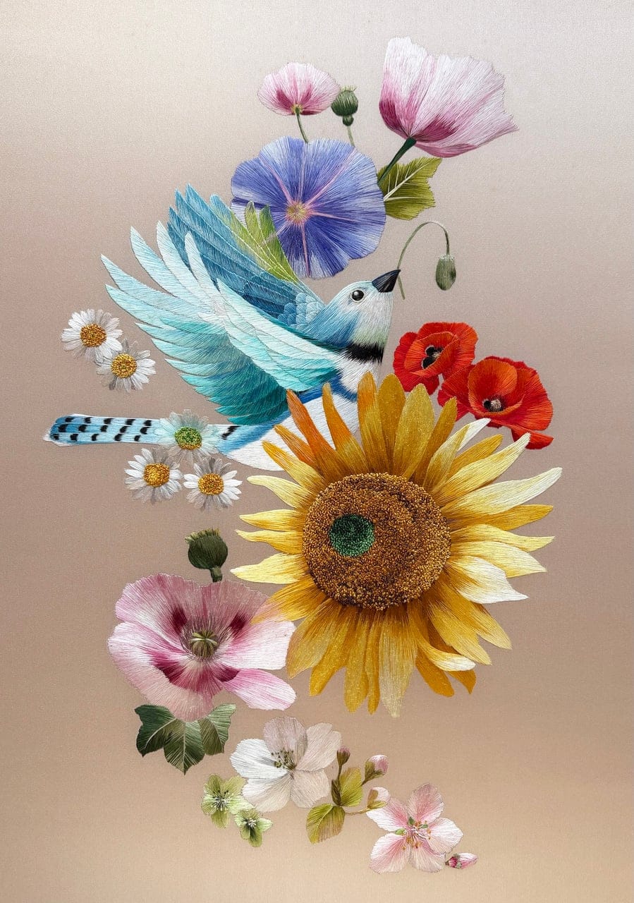 Spring_House Party by Phoebe Yeung Yun Cheung 楊潤張, Hand-embroidered with silk thread on silk fabric, 2022